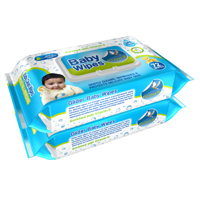 Glider Baby Wipes - with Moisture Lock Flip-Top , Contains Aloe Vera & Vitmain E , pH balanced with No Parabens & Chlorine