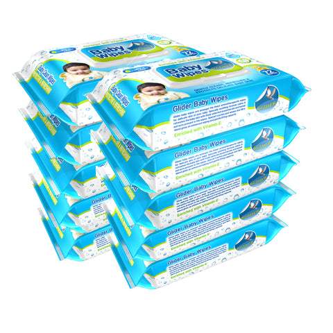 Glider Baby Wipes - with Moisture Lock Flip-Top , Contains Aloe Vera & Vitmain E , pH balanced with No Parabens & Chlorine