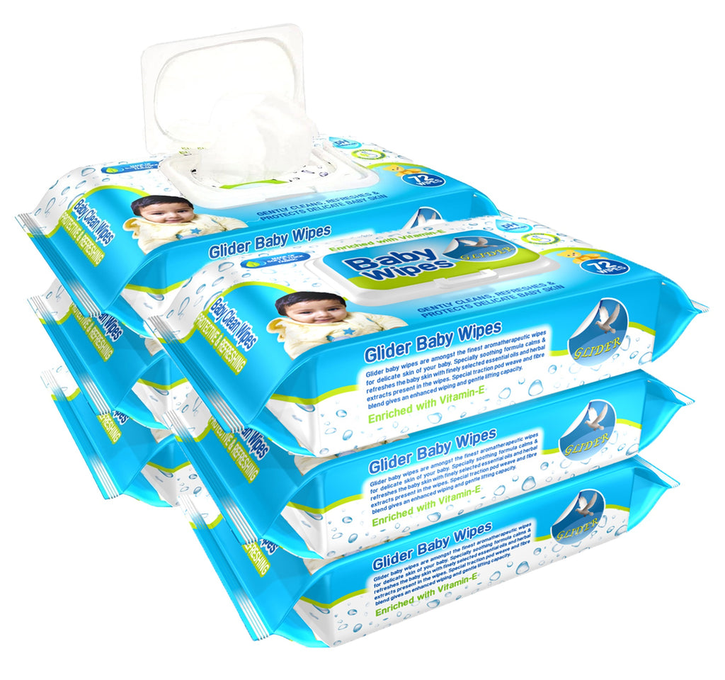 Glider Baby Wipes - with Moisture Lock Flip-Top , Contains Aloe Vera & Vitmain E , pH balanced with No Parabens & Chlorine
