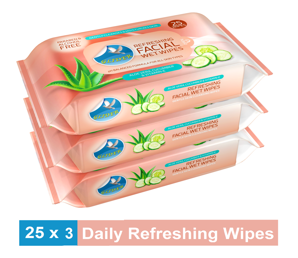 Glider Face Wipes Enriched with Aloe Vera , Cucumber & Vitamin E | All Types Skin Friendly & pH Balanced | Alcohol & Paraben Free | Moisturizes , Refreshes & Soothes Skin | 25 Wipes (Pack of 3) 75 Wipes